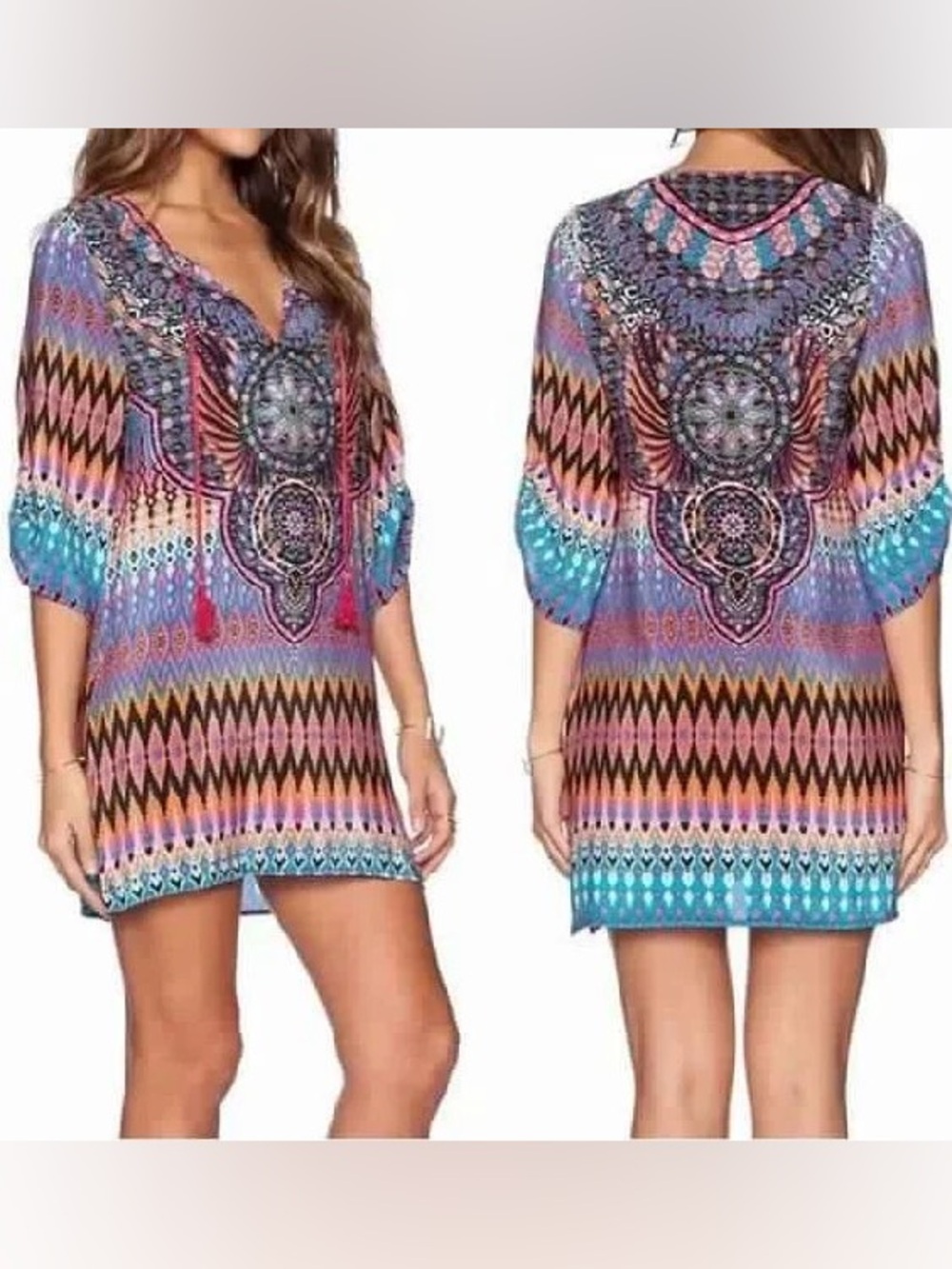 AZTEC Mini boho Dress/tunic w resort vacay beach Mediterranean vibe